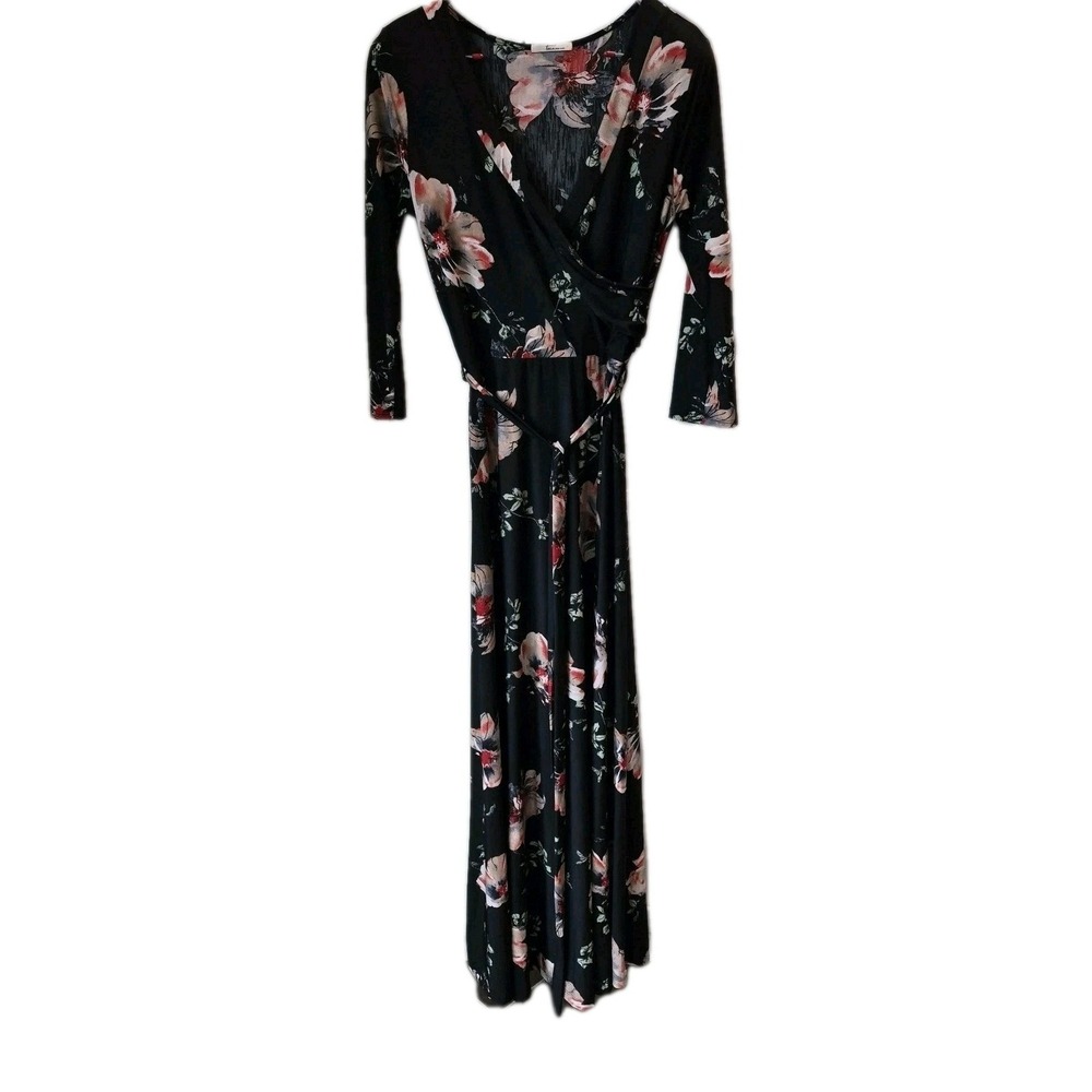 Tua Dress Women M Maxi Faux Wrap Floral Colorful 3/4 Sleeve Polyester Spandex